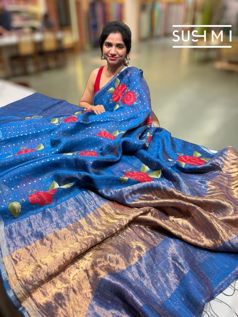 Light Indigo Blue Muslin Tissue Stripes Saree with Hibiscus Embroidery