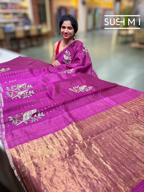 Magenta Muslin Tissue Stripes Saree with Hibiscus Embroidery