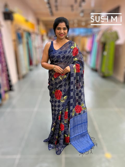 Midnight Blue Muslin Tissue Checks Saree with Hibiscus Embroidery