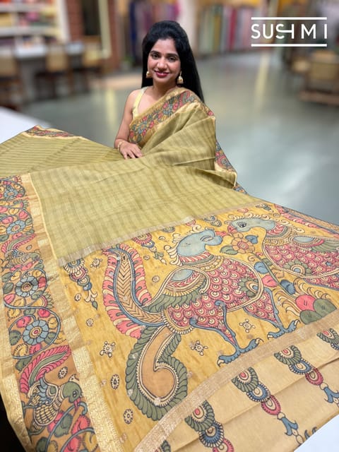 Olive Green Kanchi Pen Kalamkari Fusion Saree