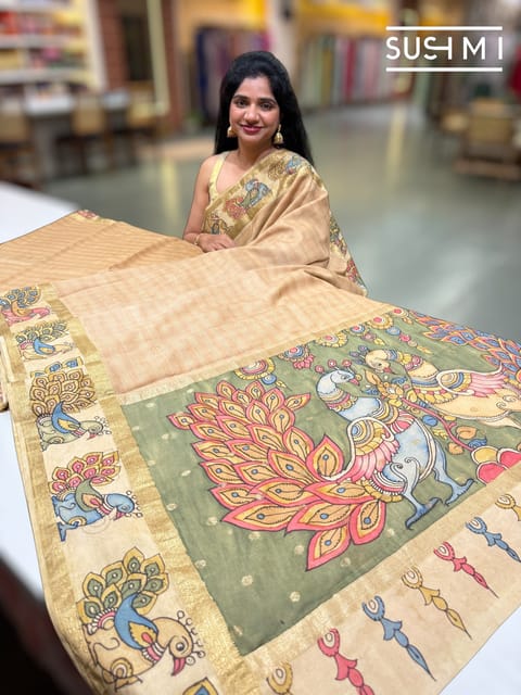 Champagne Beige Kanchi Pen Kalamkari Saree