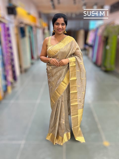 Taupe Grey Kanjeevaram Tissue Saree