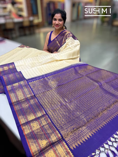 Ivory Vintage Stripes Kanjeevaram Saree