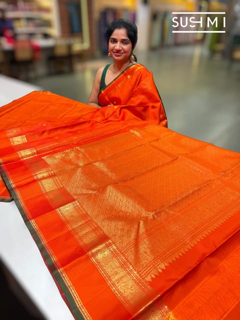 Orange Vaira Oosi Checks Vintage Kanjeevaram Saree