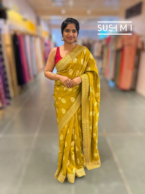 Olive Gold Pink Designer Banarasi Silk Saree
