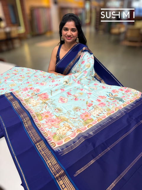 Powder Blue Pichwai Printed Kanjeevaram Silk Saree