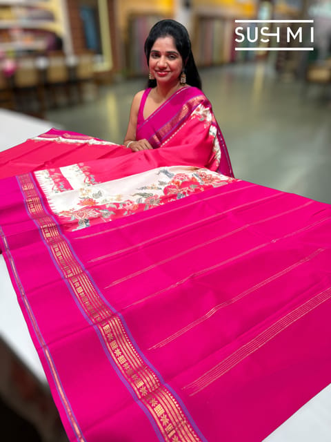 Dark Coral Peach Pink Printed Kanjeevaram Silk Saree