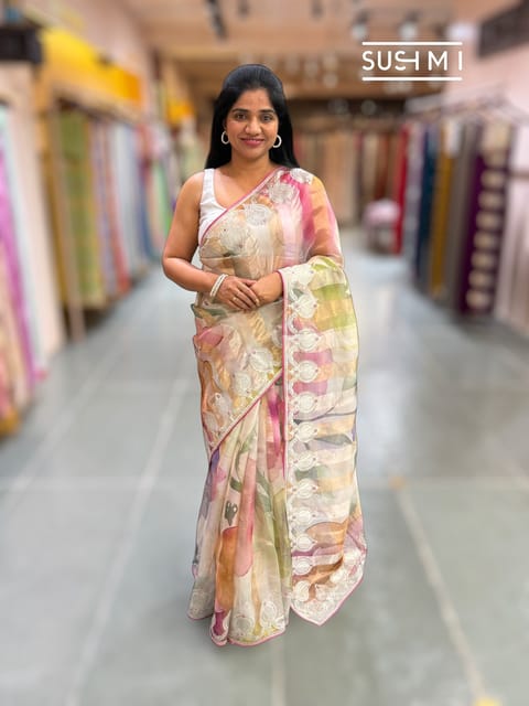 Printed Organza Tissue Stripes Saree with Embroidery
