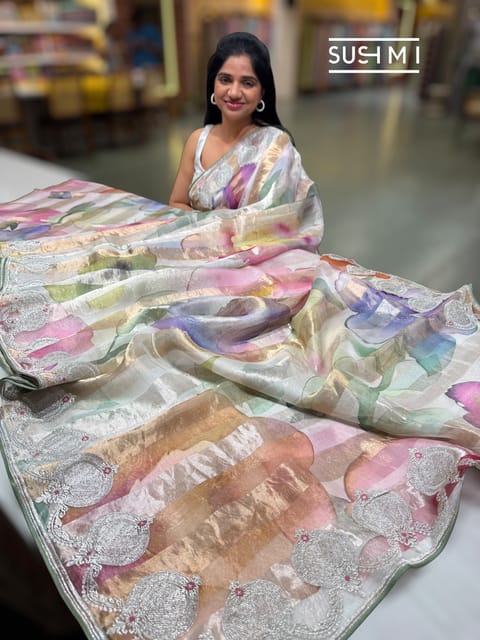 Printed Organza Tissue Stripes Saree with Embroidery