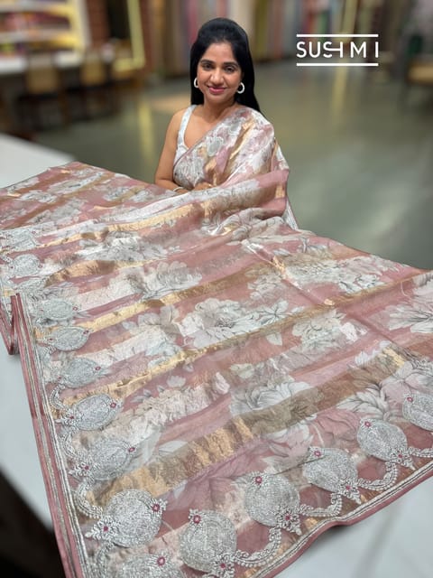 Printed Organza Tissue Stripes Saree with Embroidery