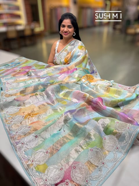 Printed Organza Tissue Stripes Saree with Embroidery