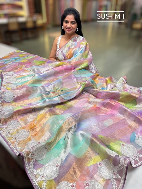 Lilac Printed Organza Tissue Stripes Saree with Embroidery