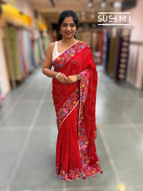 Bright Red Pure Gajji Silk Rai Bandhej Saree with Petite Point Embroidery