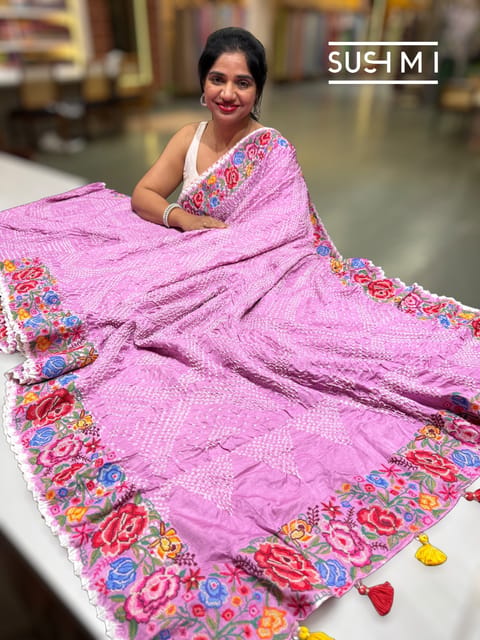 Lilac Pink Pure Gajji Silk Rai Bandhej Saree with Petite Point Embroidery
