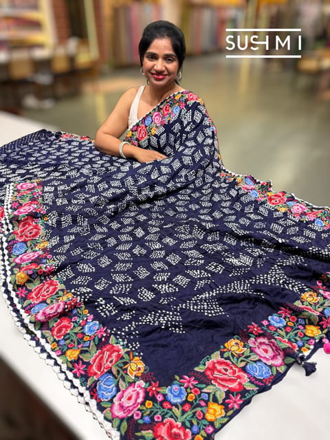 Midnight Blue Pure Gajji Silk Rai Bandhej Saree with Petite Point Embroidery