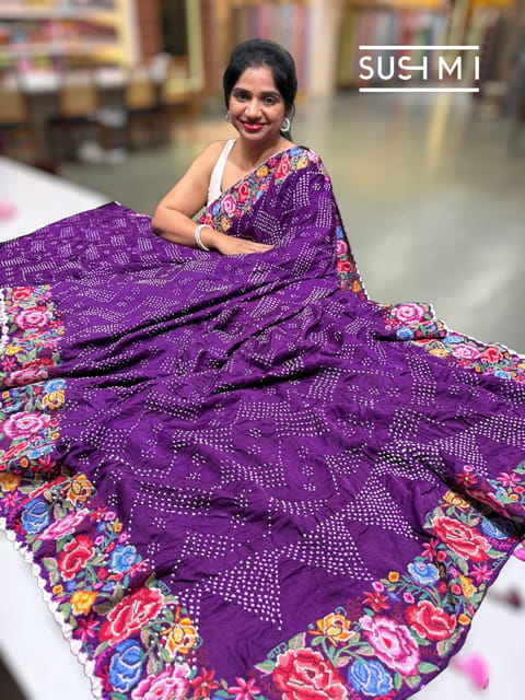 Purple Pure Gajji Silk Rai Bandhej Saree with Petite Point Embroidery