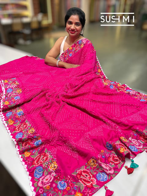 Fuchsia Pink Pure Gajji Silk Rai Bandhej Saree with Petite Point Embroidery