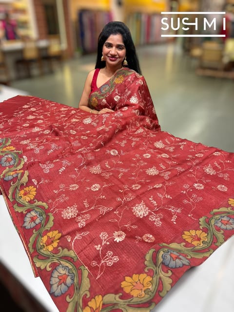 Maroon Silk Kota and Pen Kalamkari Fusion Saree with Pita Emb
