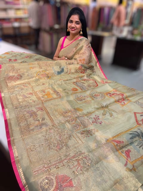 Pista Banarasi Printed Tissue Saree with Handwork