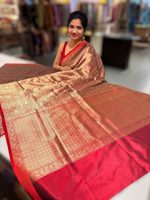 Banarasi Katan Tonchoi Weaving Saree with Red Mashru Borders