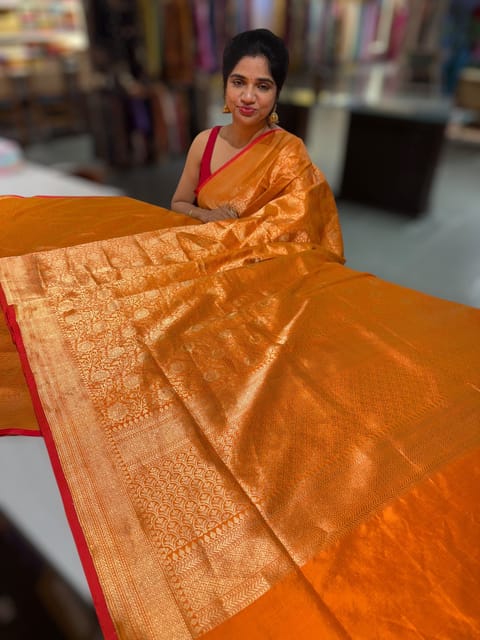 Orange Banarasi Katan Tonchoi Weaving Saree with Red