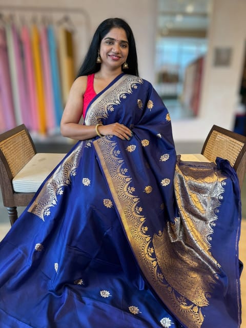 Midnight Blue Banarasi Poona Silk Saree with Open Borders and Kaduwa Weaving