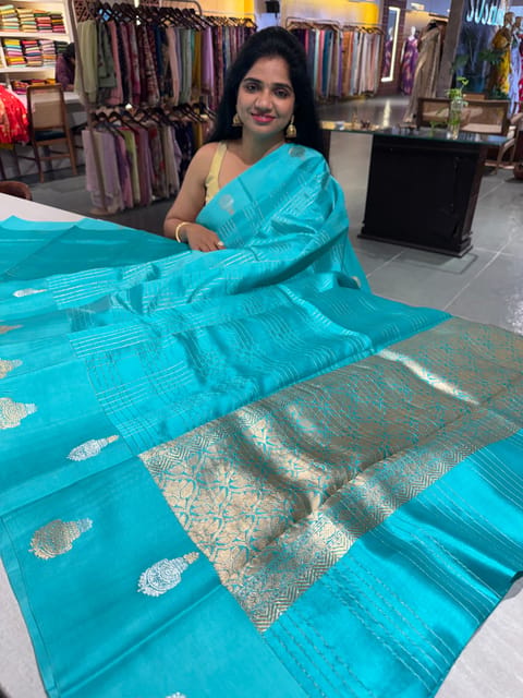Sea Blue Checks Poona Silk Saree