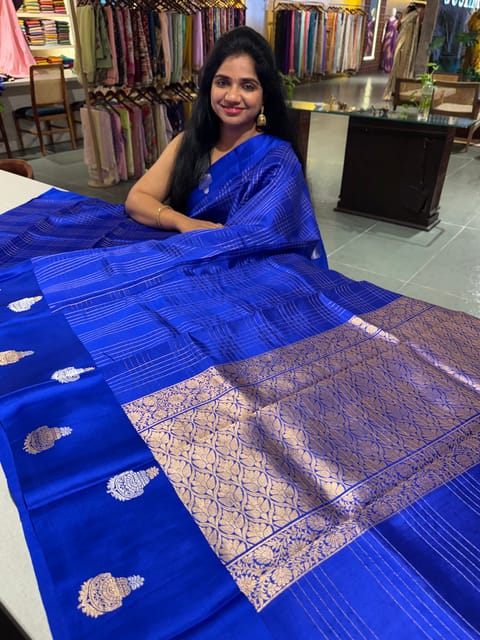 Royal Blue Checks Poona Silk Saree