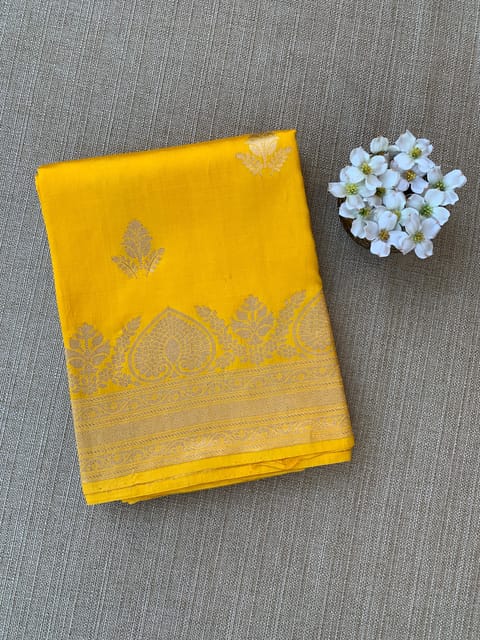 Yellow Poona Silk Saree in Monotone Look with Heavy Weaving Borders and Kaduwa Woven Motifs