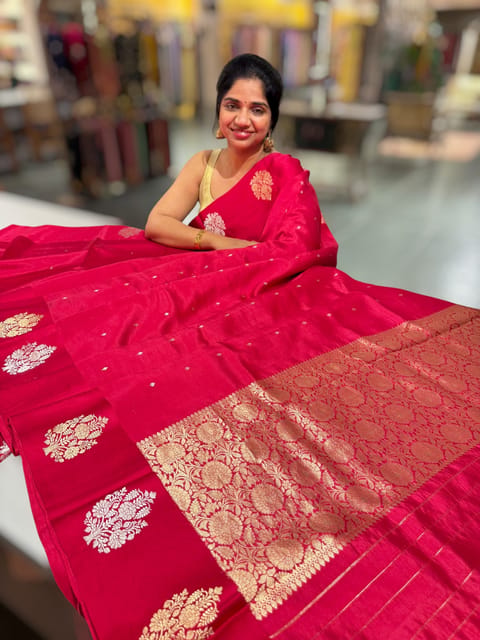 Reddish Pink Poona Silk Saree with Kaduwa Woven Motifs on Mashru Borders