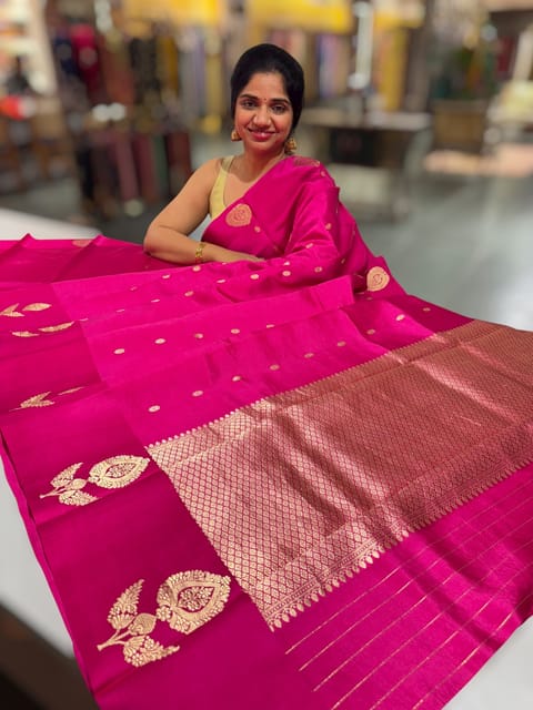 Rani Pink Poona Silk Saree with Kaduwa Woven Motifs on Mashru Borders