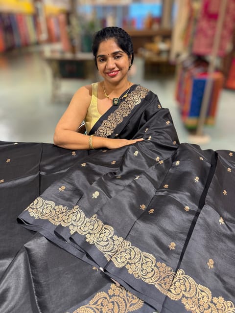 Black Poona Silk Saree with Mashru Open Borders
