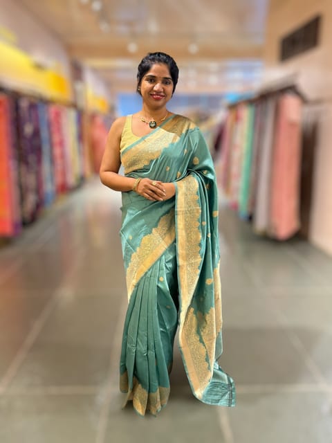 Dusty Blue Poona Silk Saree with Double Borders