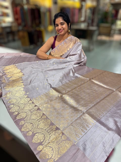 Dusty Mauve Poona Silk Saree with Heavy Weaving Mashru Open Border