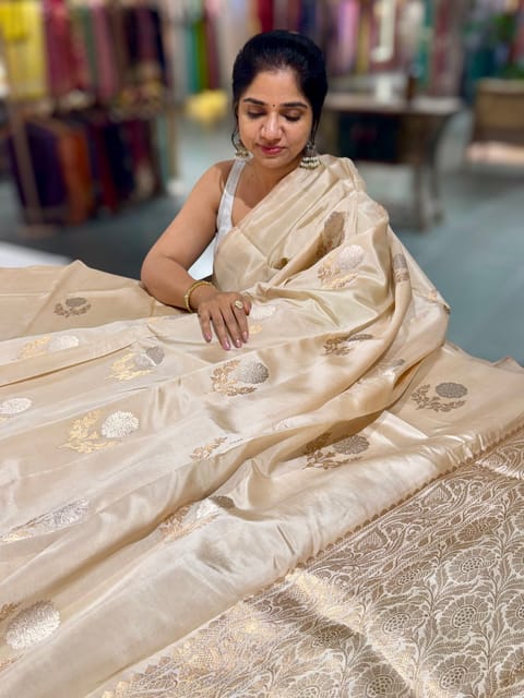 Light Beige Borderless Poona Silk Saree