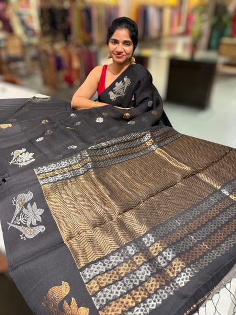 Black Kora Muslin Sarees with Kaduwa Woven Nandi Motif Border