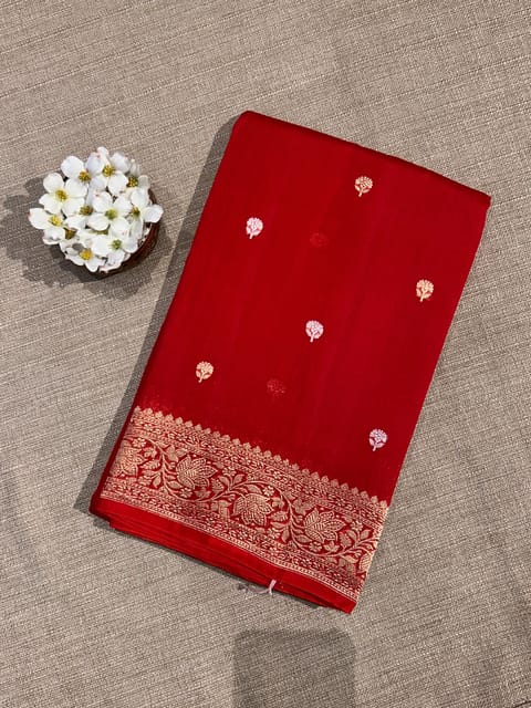 Red Monotone Look Pure Handloom Premium Kora Banarasi Saree with Heavy Weaving Border