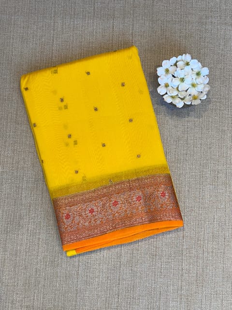 Yellow and Orange Pure Handloom Premium Kora Banarasi Saree with Meenakari Border