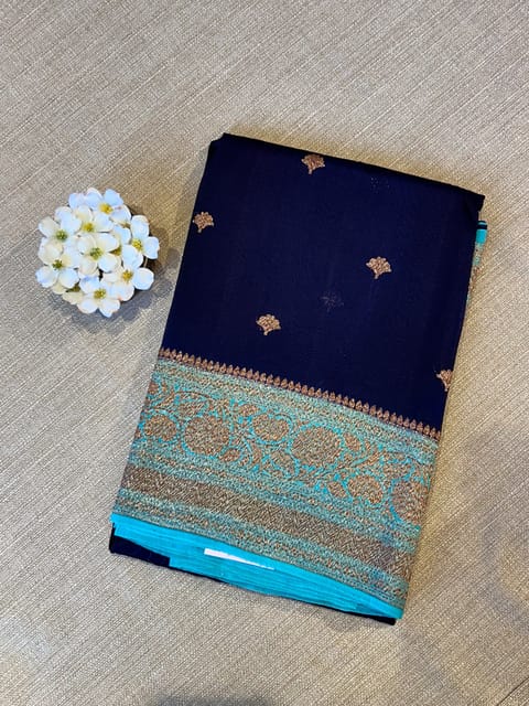 Purplish Navy with Blue Pure Handloom Premium Kora Banarasi Saree