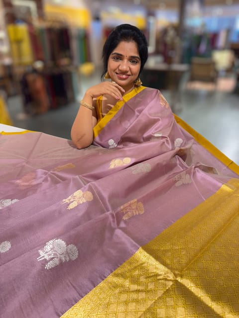 Mauve and Mustard Kora Banarasi Saree