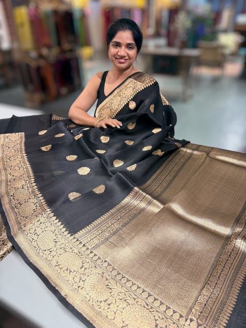Black Premium Kora Banarasi Saree with Heavy Weaving Border