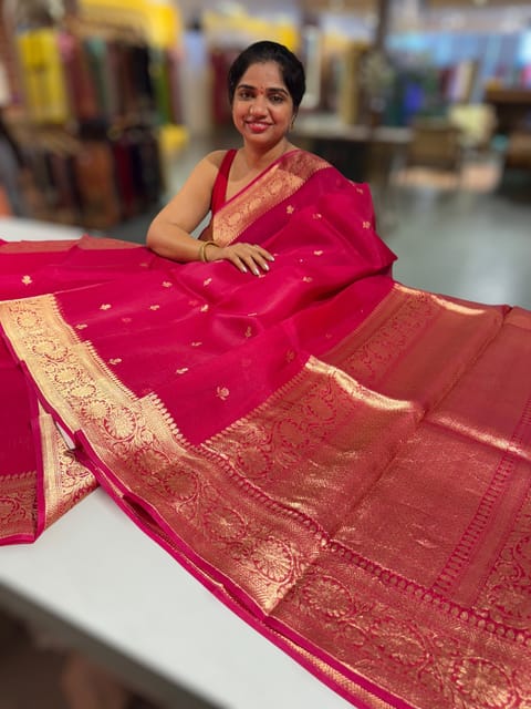 Ruby Pink Premium Kora Banarasi Saree with Heavy Weaving Borders