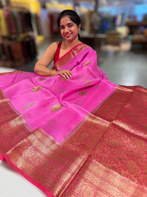 Neon Pink Kora Banarasi Saree with Kaduwa Woven Motifs