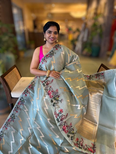 Greyish Blue Premium Handloom Kora Banarasi Saree with Printed Borders