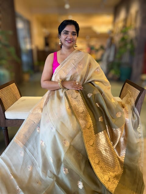 Olive Shaded Premium Kora Banarasi Saree with All-Over Meenakari Kaduwa Motifs