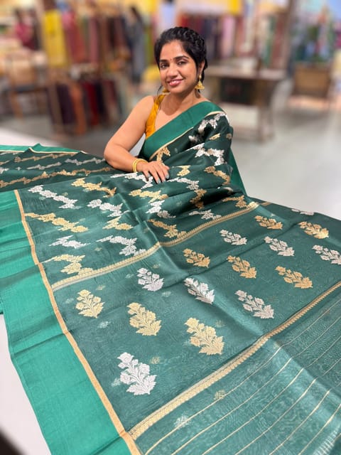 Bottle Green Kora Banarasi Saree in Half and Half Style
