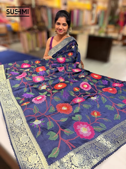 Midnight Blue Banaras Mashru Silk Saree with Embroidery