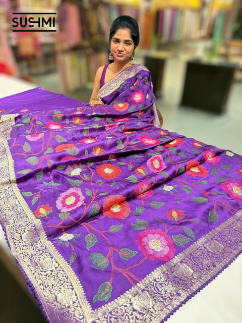 Purple Banaras Mashru Silk Saree with Embroidery