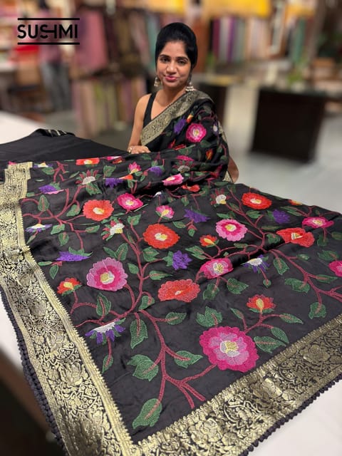 Black Banaras Mashru Silk Saree with Embroidery