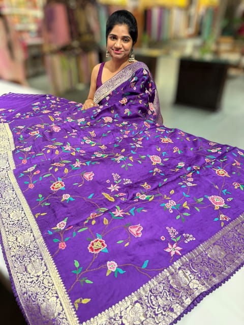 Brinjal Mashru Banaras Saree with Petite Point Embroidery